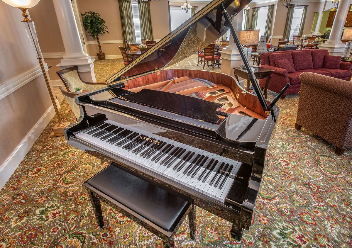 A grand piano situated in an elegant living room setting.