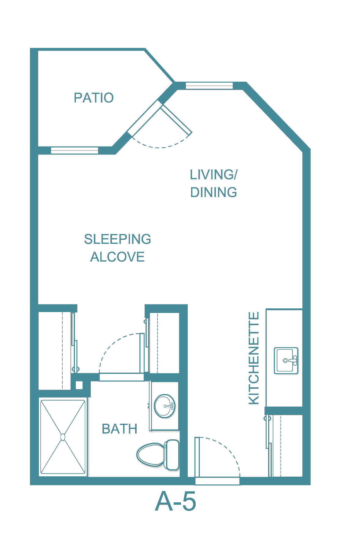 A floor plan of a studio apartment featuring a sleeping alcove, living/dining area, kitchenette, and bathroom.