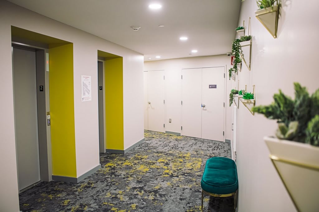 A modern hallway with vibrant yellow elevator doors and decorative plants.