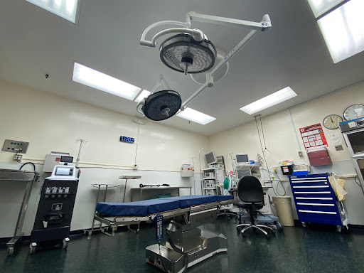 A sterile operating room equipped with surgical lights and medical apparatus.