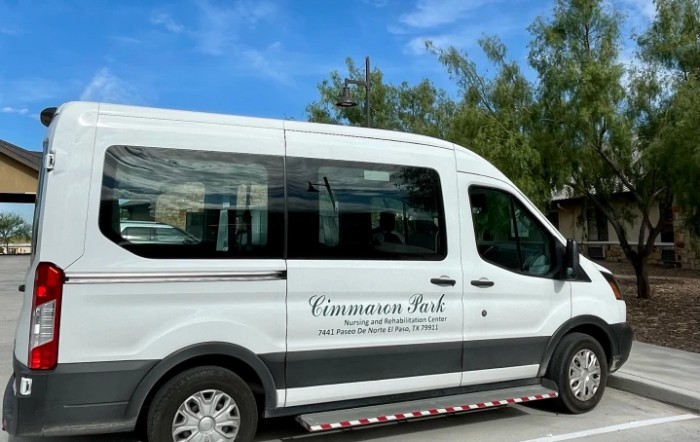 A white passenger van parked outdoors on a sunny day.
