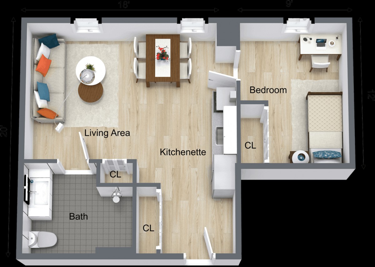 A detailed floor plan of a modern apartment featuring a living area, kitchenette, bedroom, and bathroom.