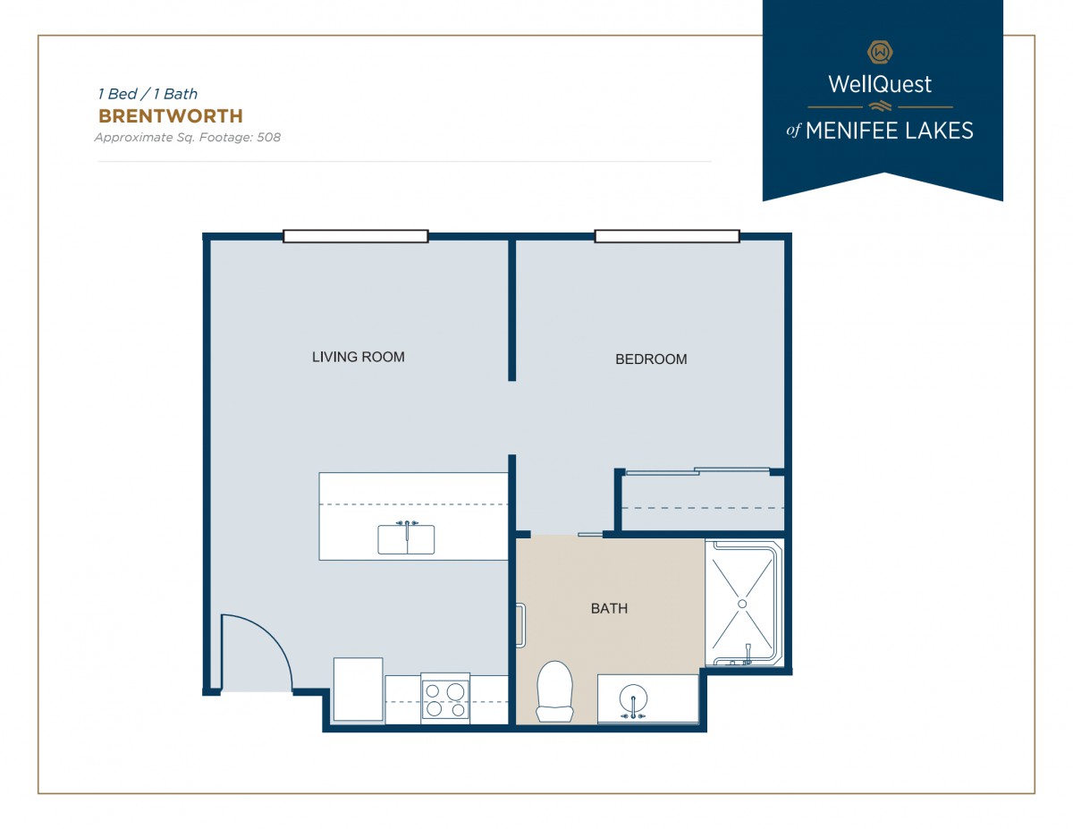 Floor plan of a one-bedroom apartment with a living room, kitchen, and bathroom.