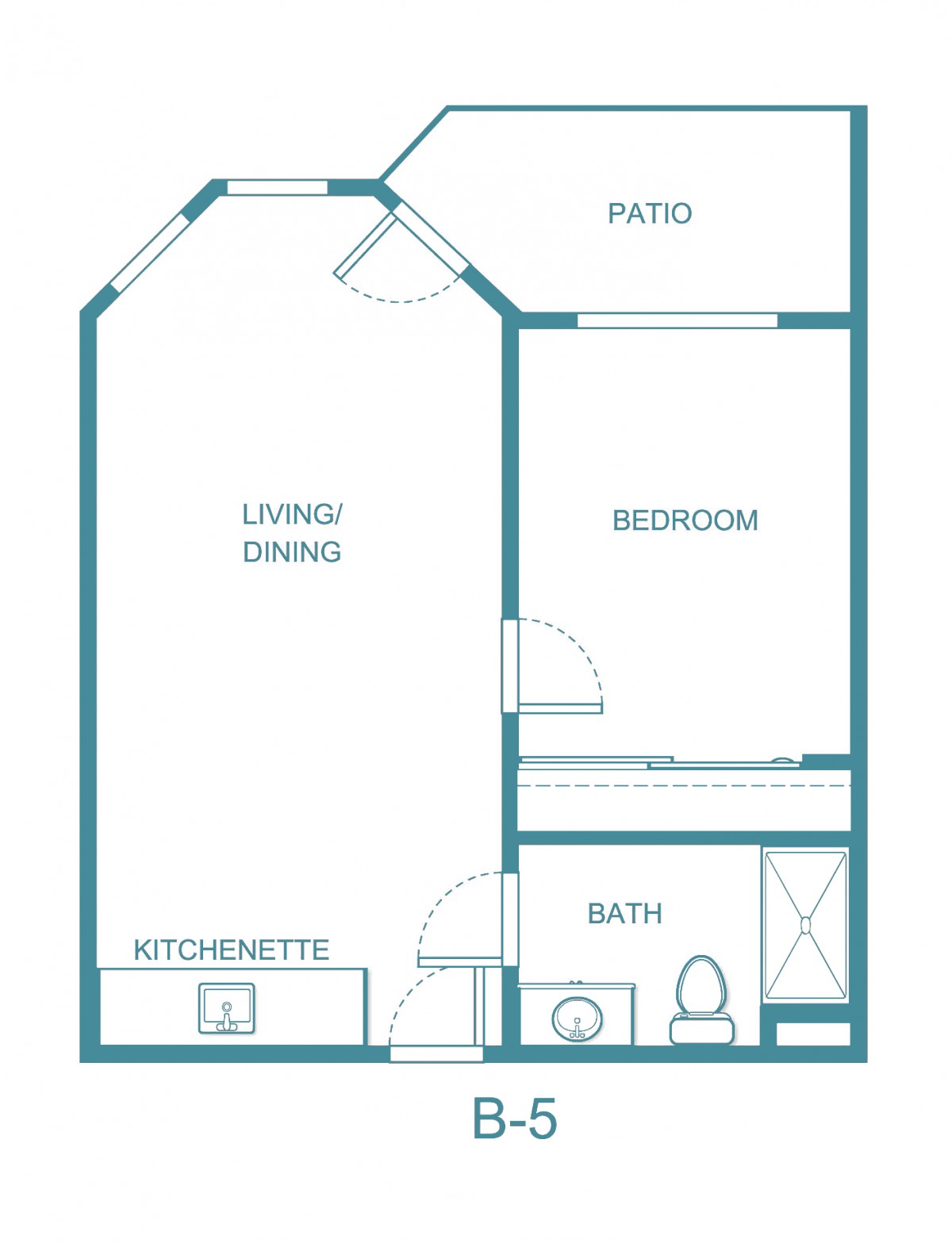 A simple floor plan of an apartment featuring a living dining area, bedroom, kitchenette, and bathroom.