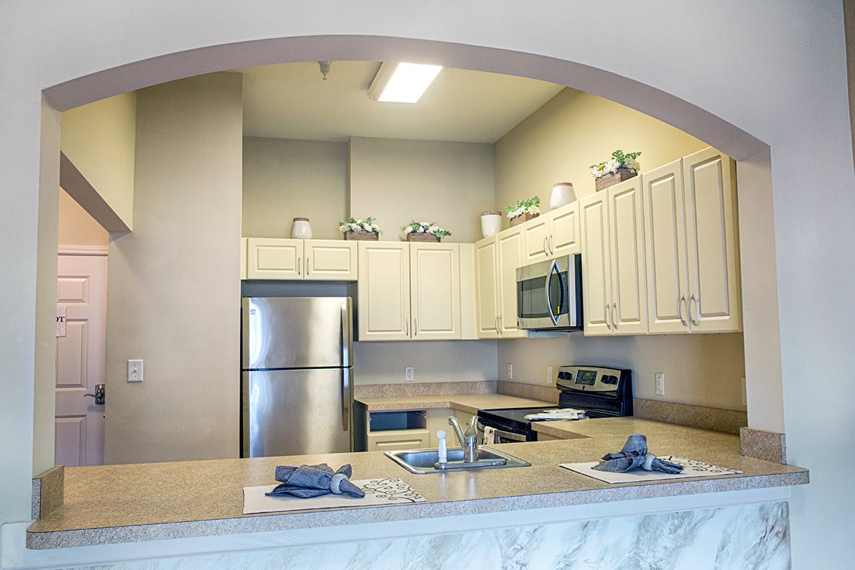 A modern kitchen with stainless steel appliances and a spacious countertop.