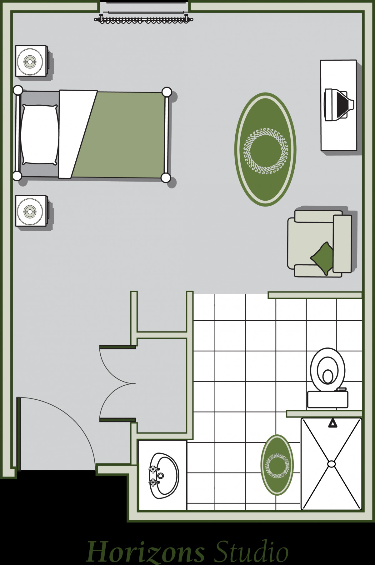 A floor plan showing a bedroom with an attached bathroom, including furniture placement.