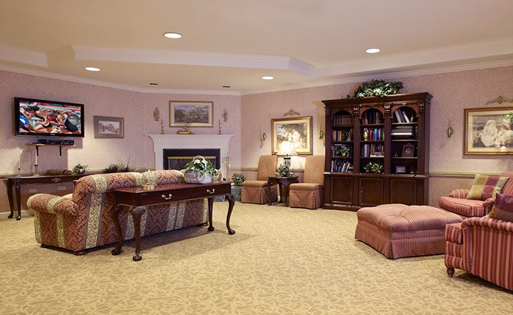 A cozy living room with a fireplace, bookshelves, and comfortable seating.