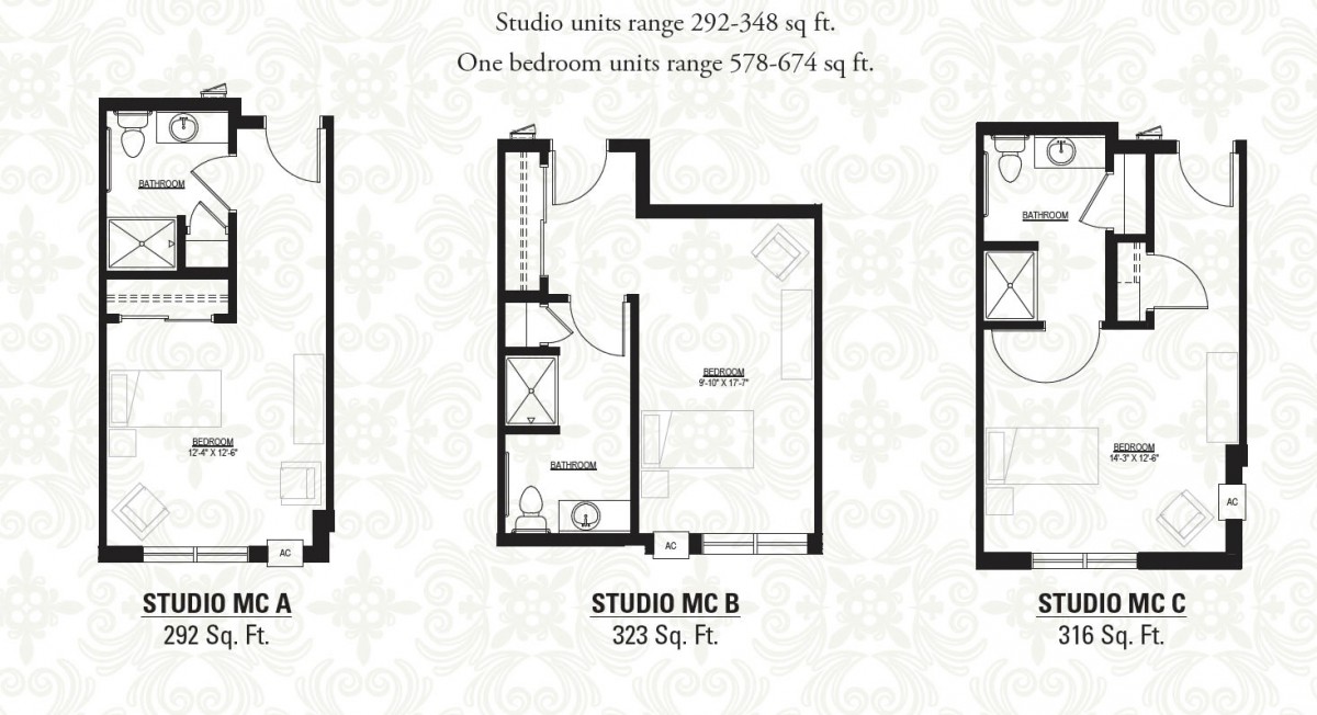 Floor plan of a 323 sq. ft. studio apartment.