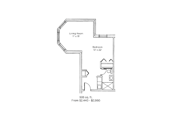A floor plan showcasing the layout of an apartment with a living room, bedroom, and bathroom.