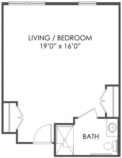 Studio apartment floor plan with dimensions for the living/bedroom and bath.