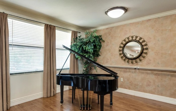 A stylish living room featuring a grand piano, adorned with elegant curtains, a wall mirror, and a decorative plant.