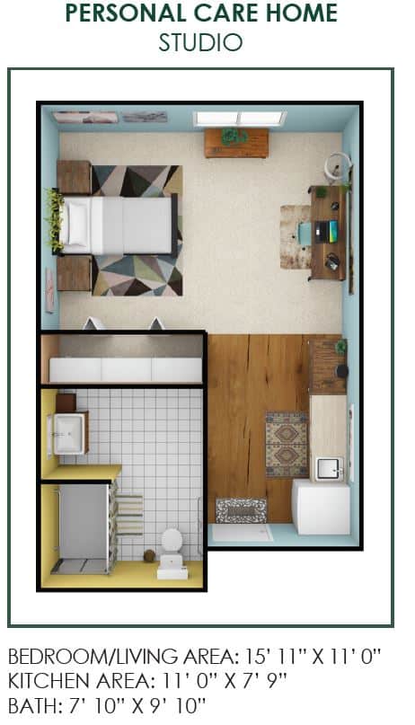 A compact apartment floor plan featuring a bedroom, kitchen, and bathroom.
