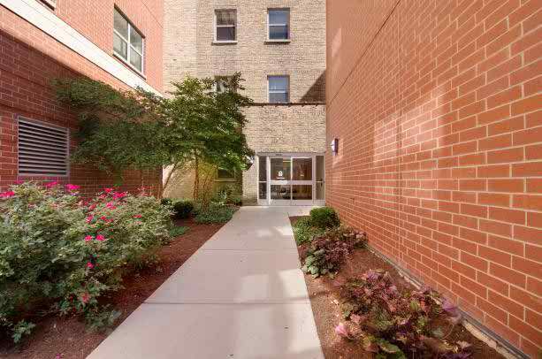 A landscaped pathway leading to the entrance of a building with brick and stone exterior walls.