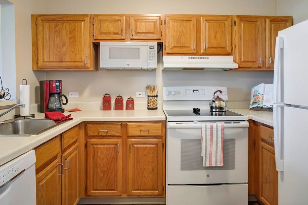 A cozy kitchen featuring wooden cabinets and essential appliances.