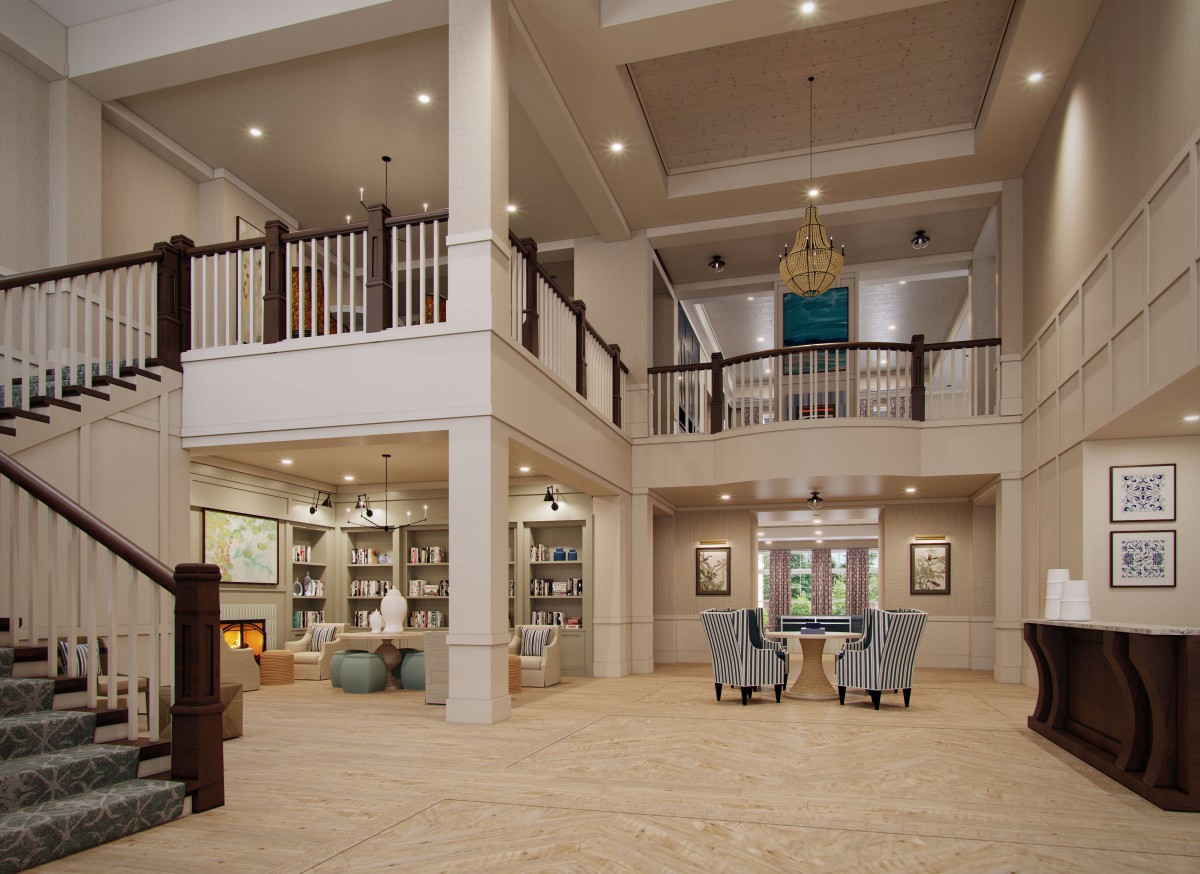 Spacious modern living room with high ceilings and stylish decor.