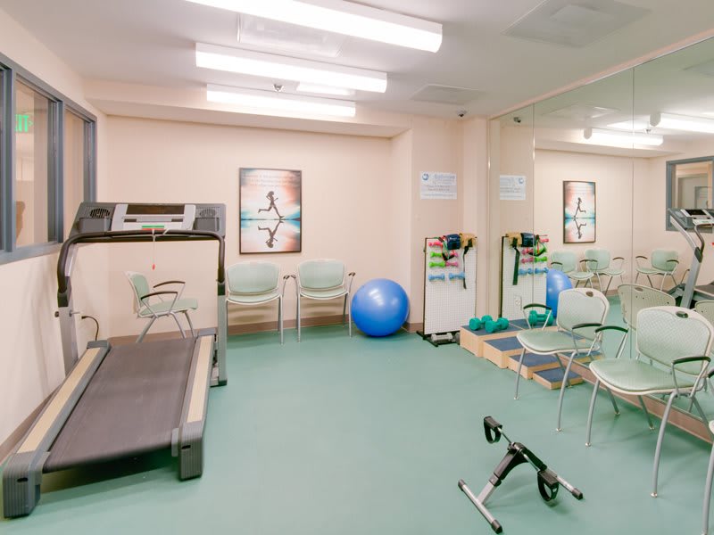 A gym space equipped for fitness and rehabilitation exercises, featuring a treadmill, exercise ball, and various workout equipment.