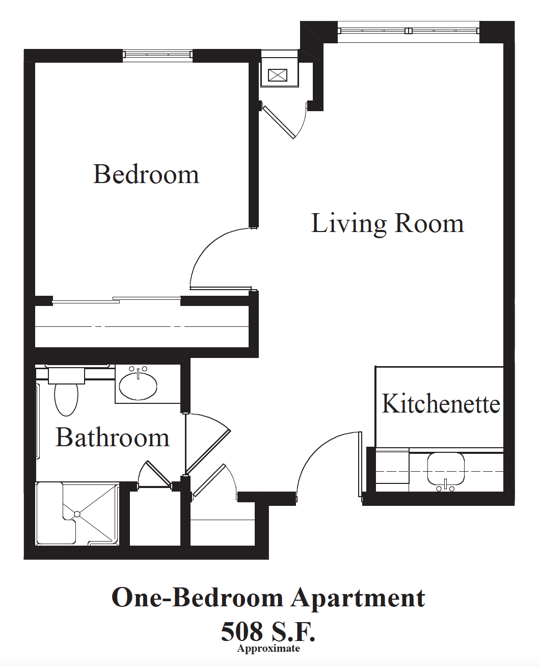 A floor plan of a one-bedroom apartment showing a living room, bedroom, bathroom, and kitchenette.