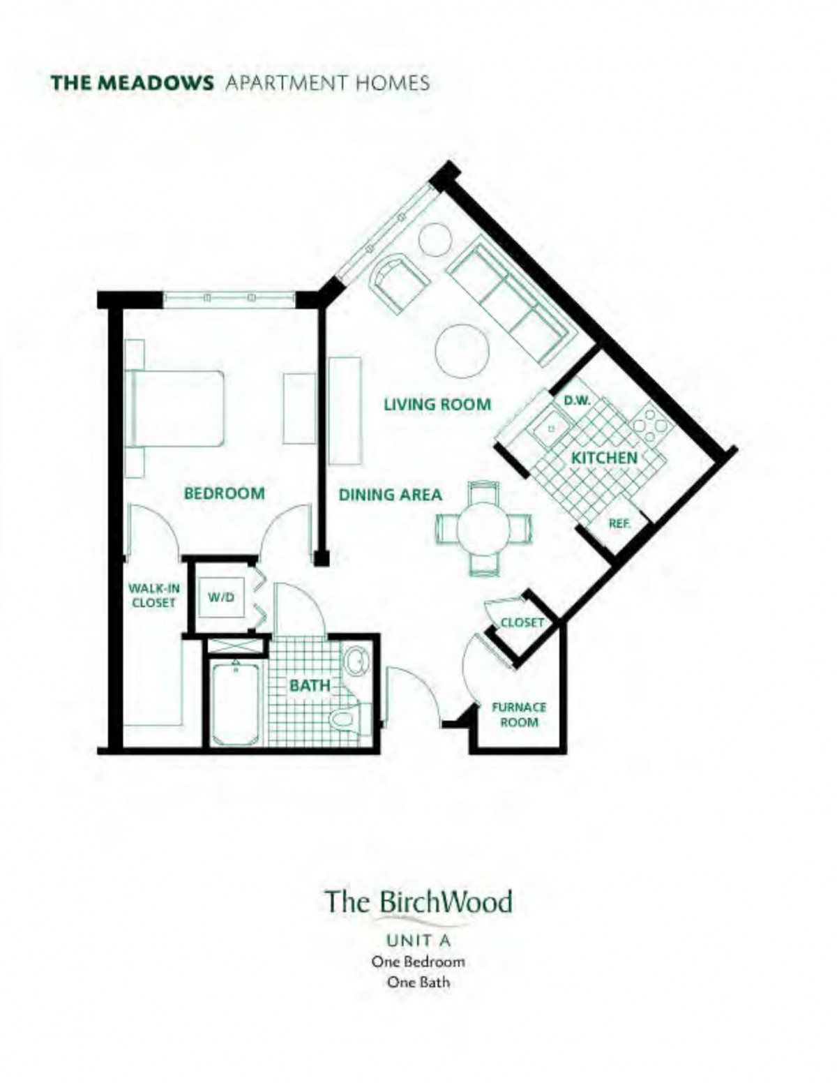 A detailed floor plan of a one-bedroom apartment with labeled rooms.