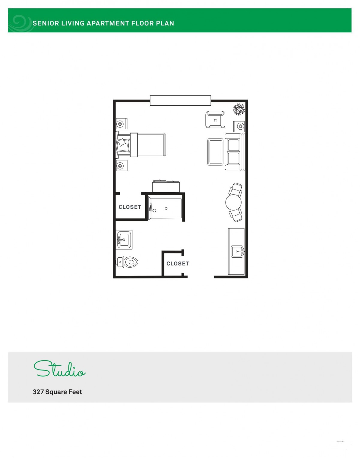 Studio apartment floor plan layout.