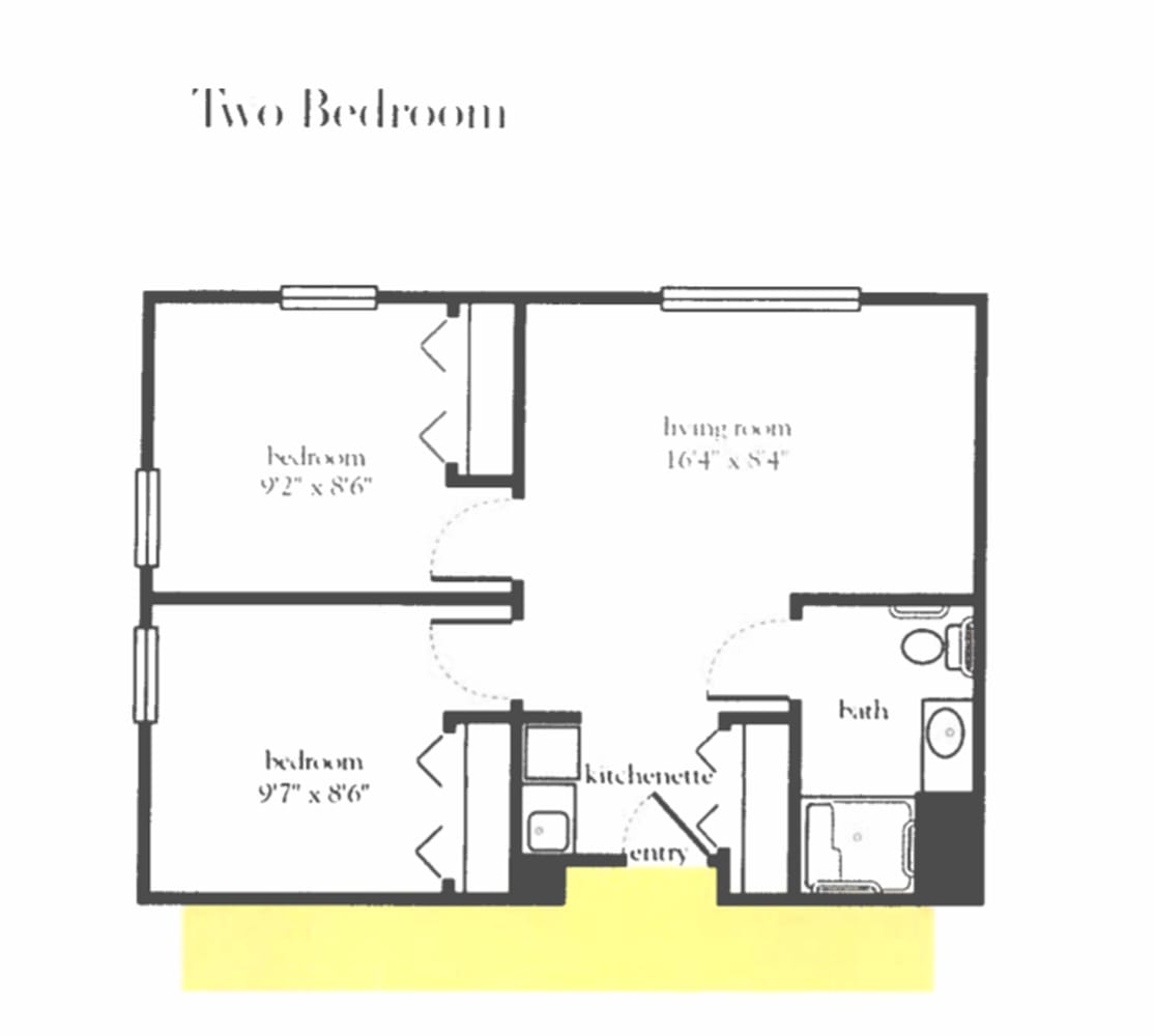 A floor plan of a two-bedroom apartment highlighting the layout of rooms, including a living room, kitchen, and bathroom.