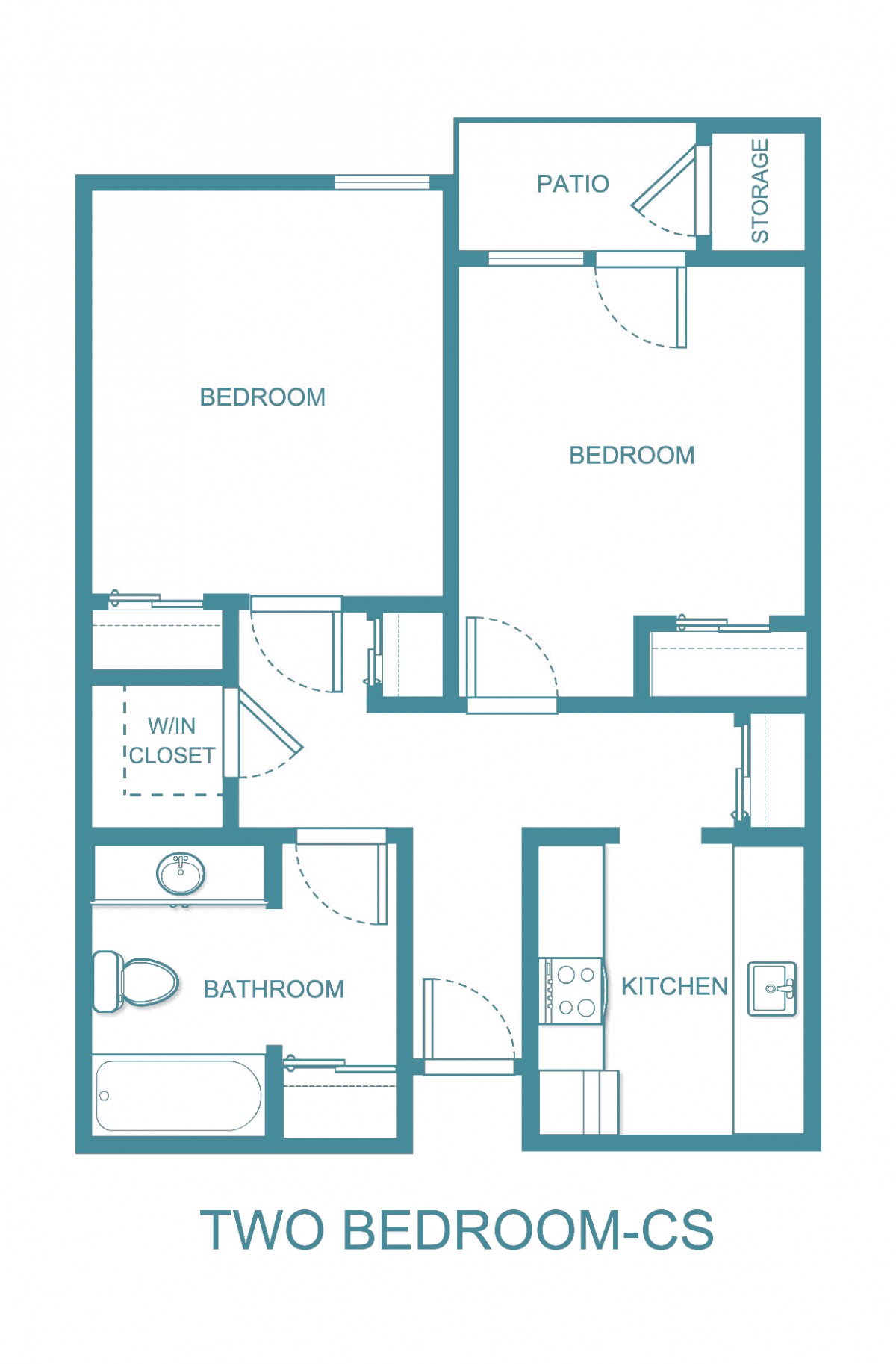 A floor plan featuring bedrooms, a kitchen, bathroom, and hallway.