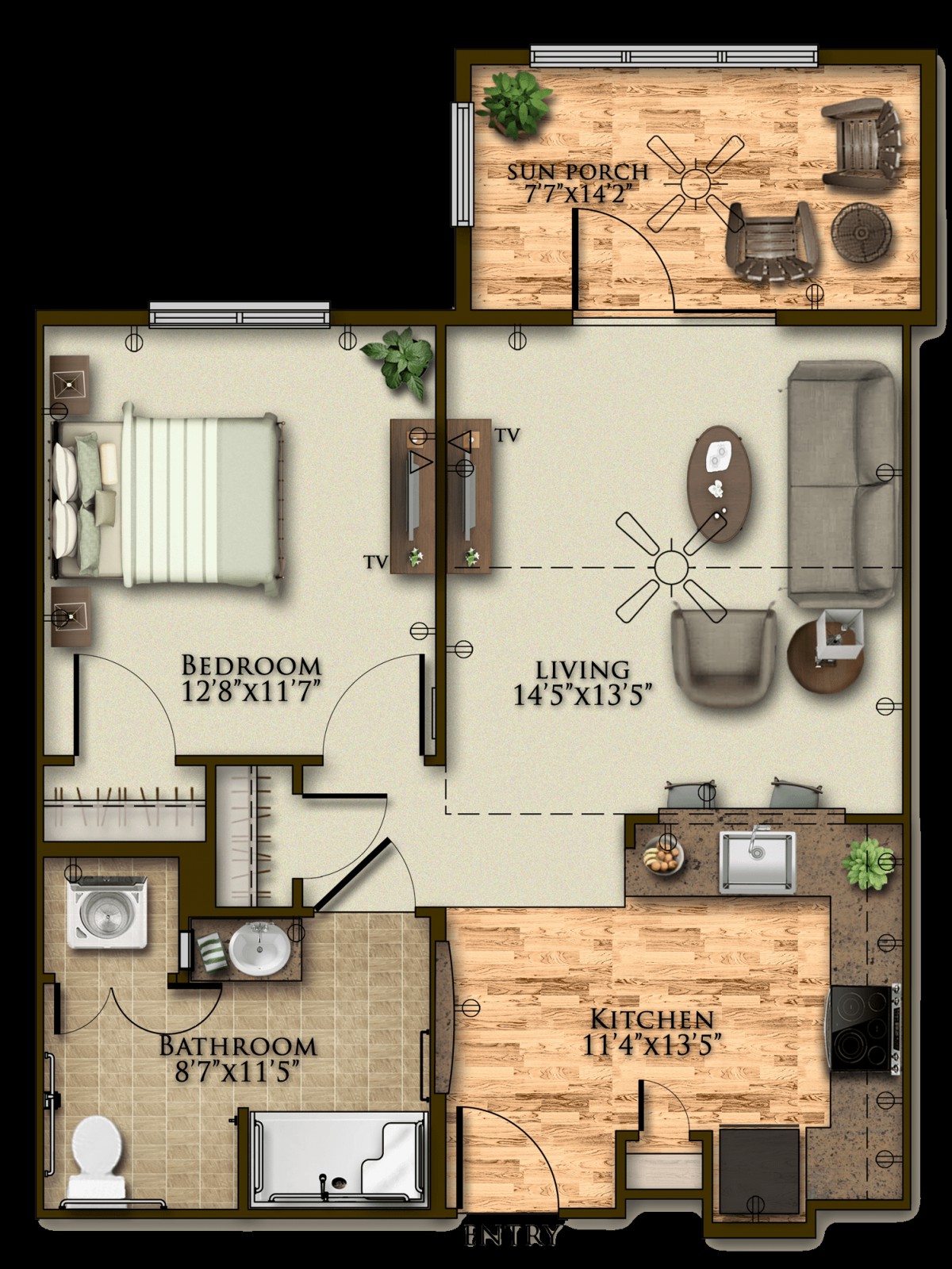 A detailed floor plan of a two-bedroom apartment including a living room, bathroom, and kitchen.