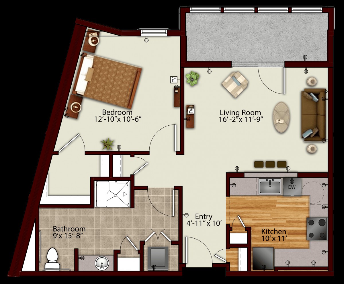 A detailed floor plan of a one-bedroom apartment featuring a living room, kitchen, and bathroom.