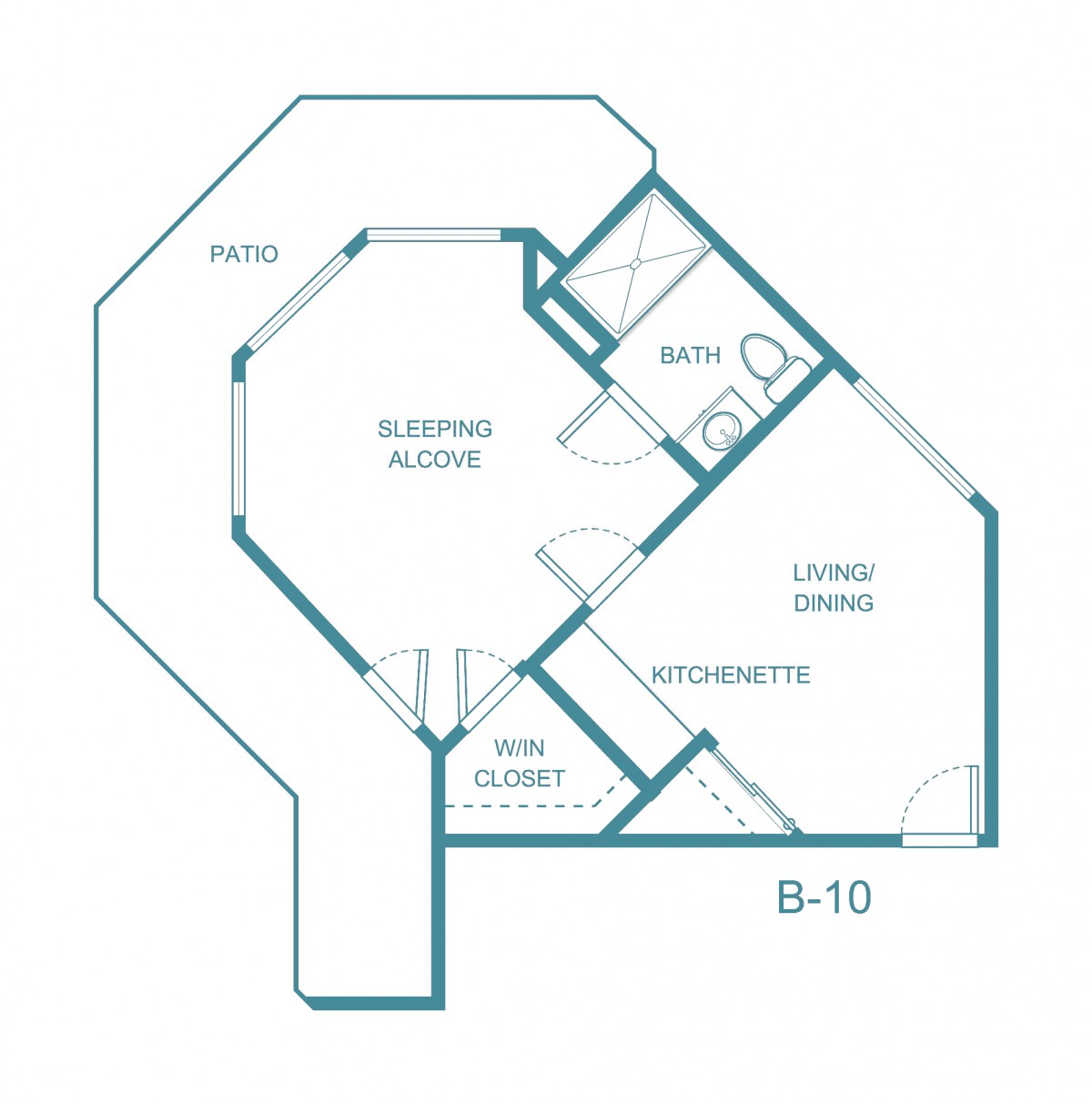 Floor plan of an apartment showing different areas like the sleeping alcove, bath, kitchen, living room, and walk-in closet.