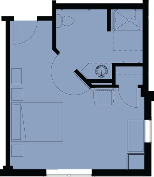 A blueprint of a small apartment featuring a bedroom, bathroom, and living area.