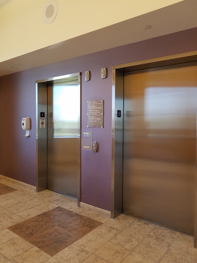 A view of two modern elevators in a building with a stylish purple wall.