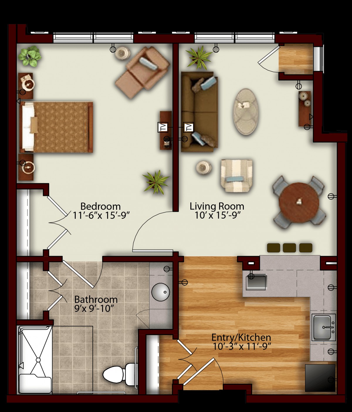 A floor plan of a one-bedroom apartment featuring a bedroom, living room, kitchen, and bathroom.