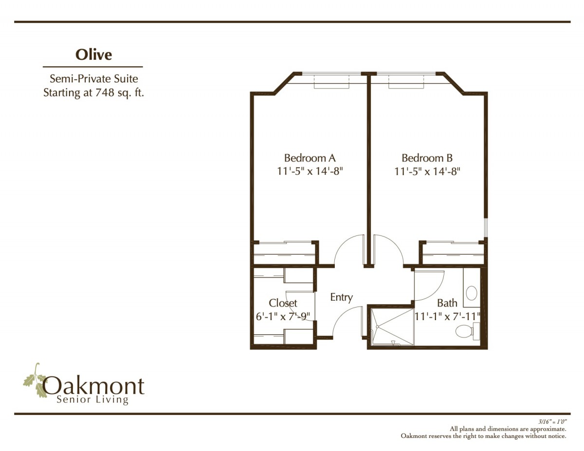 Floor plan featuring two bedrooms labeled as Bedroom A and Bedroom B, each with an entryway, closets, and shared bathroom.