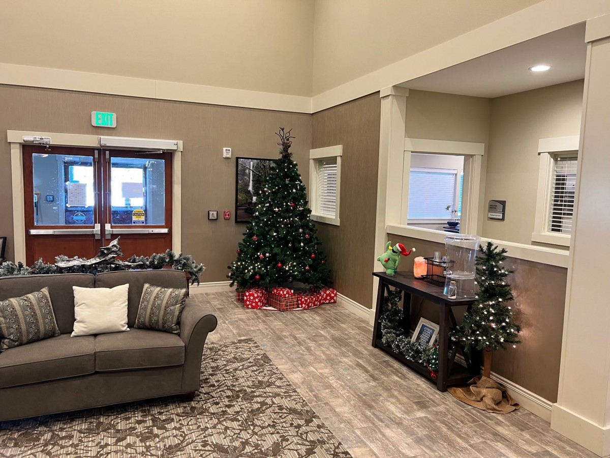 A cozy living room decorated for the holidays with a Christmas tree and presents.