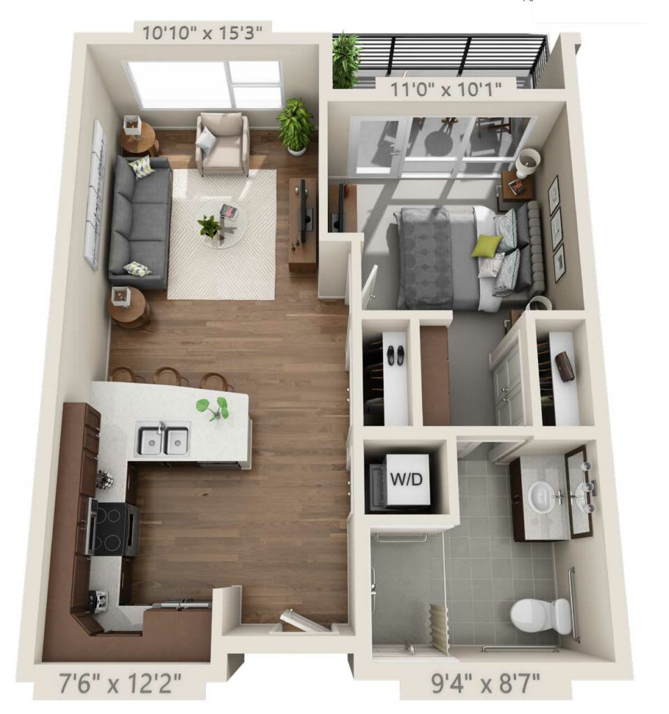 A 3D floor plan of a one-bedroom apartment featuring an open living room and kitchen, a separate bedroom, and a bathroom.