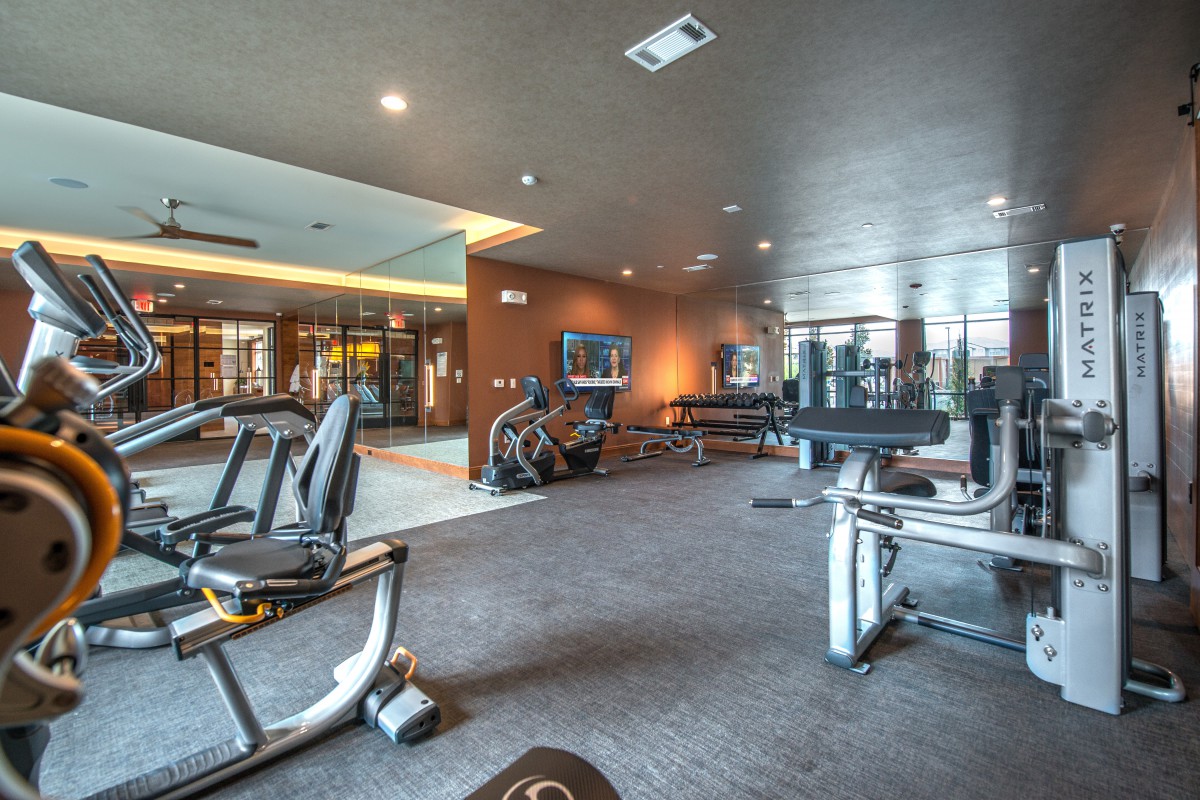 A modern gym equipped with a variety of exercise machines and weights.
