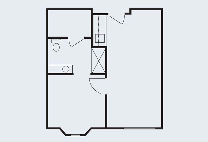 A simple floor plan of a small apartment featuring one bathroom and an open living space.