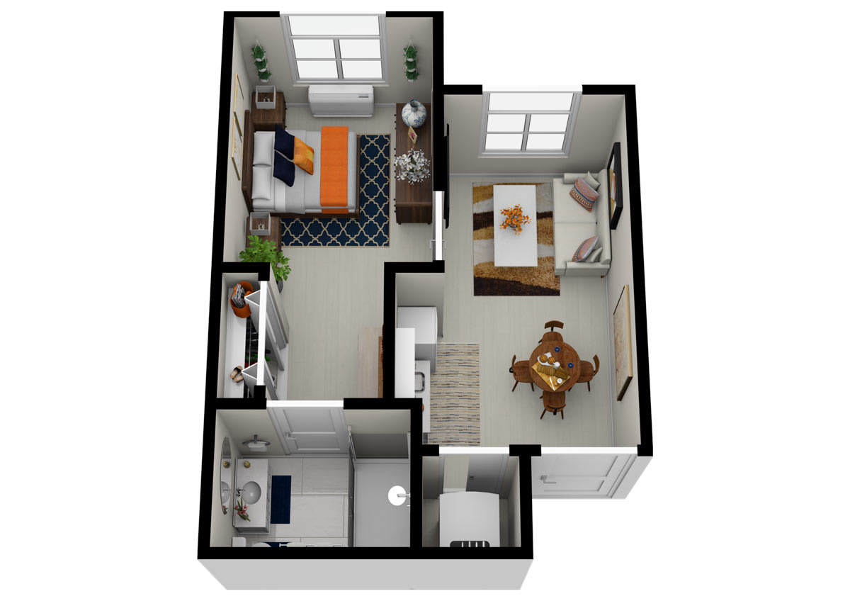 A 3D floor plan of a one-bedroom apartment featuring a living room, kitchen, bedroom, and bathroom.