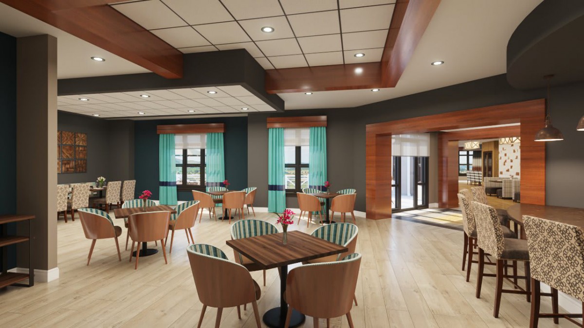 A modern restaurant dining area with stylish furniture and decor.