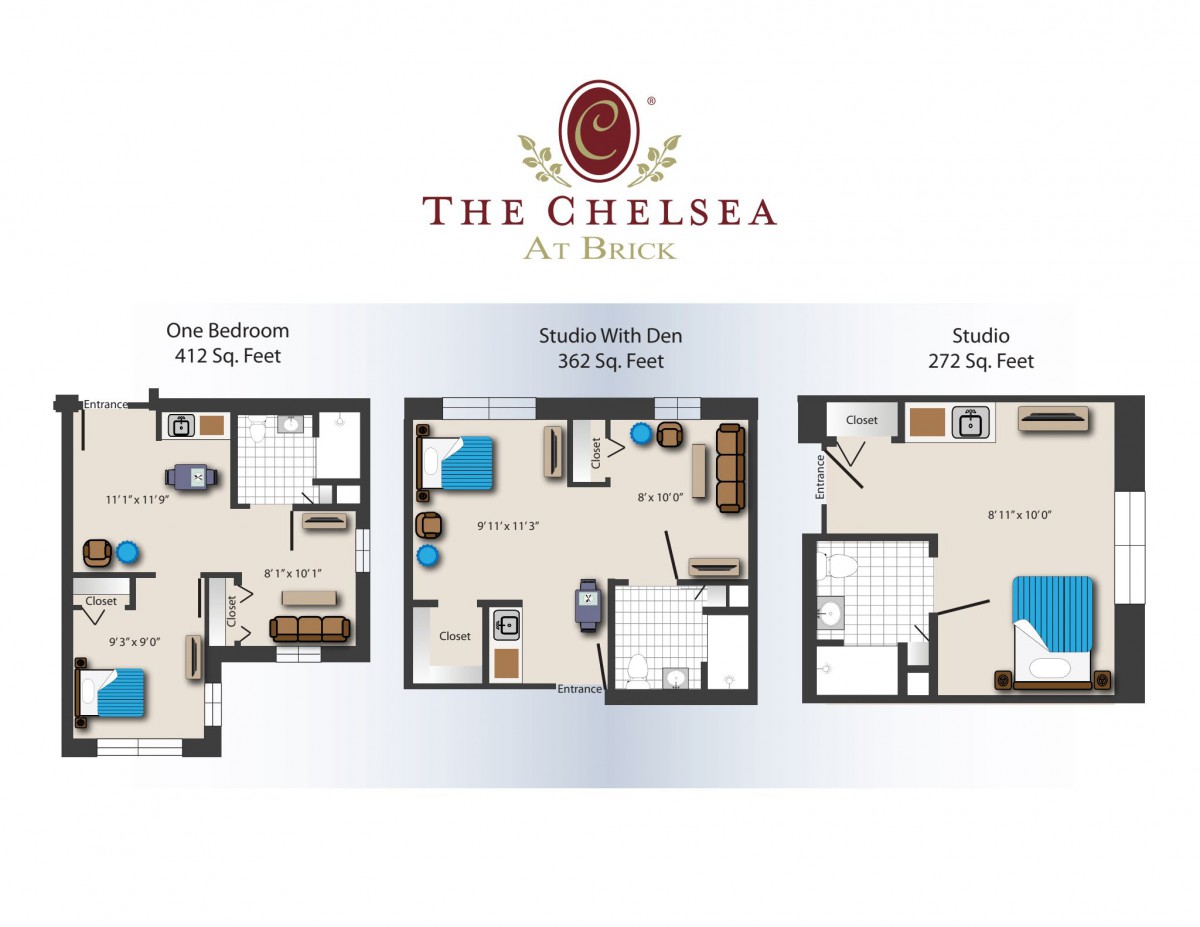 This image displays the floor plans for different apartment layouts at The Chelsea, including one-bedroom and studio options.