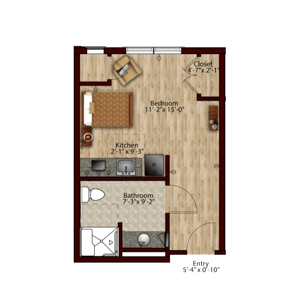 A floor plan of a one-bedroom apartment featuring a living area, kitchen, and bathroom.