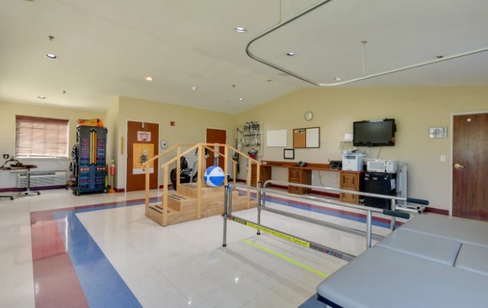 A well-equipped rehabilitation center with various physical therapy apparatus.