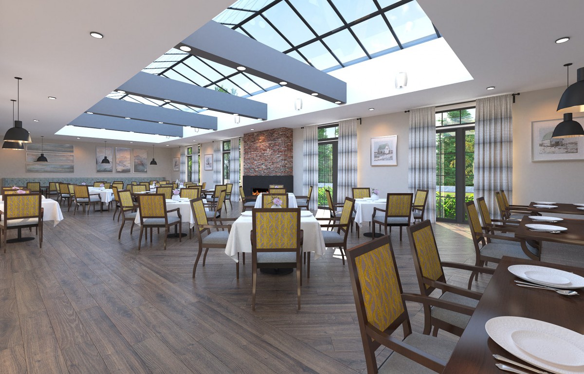 A spacious and modern restaurant dining area with tables and chairs under a large sunroof.