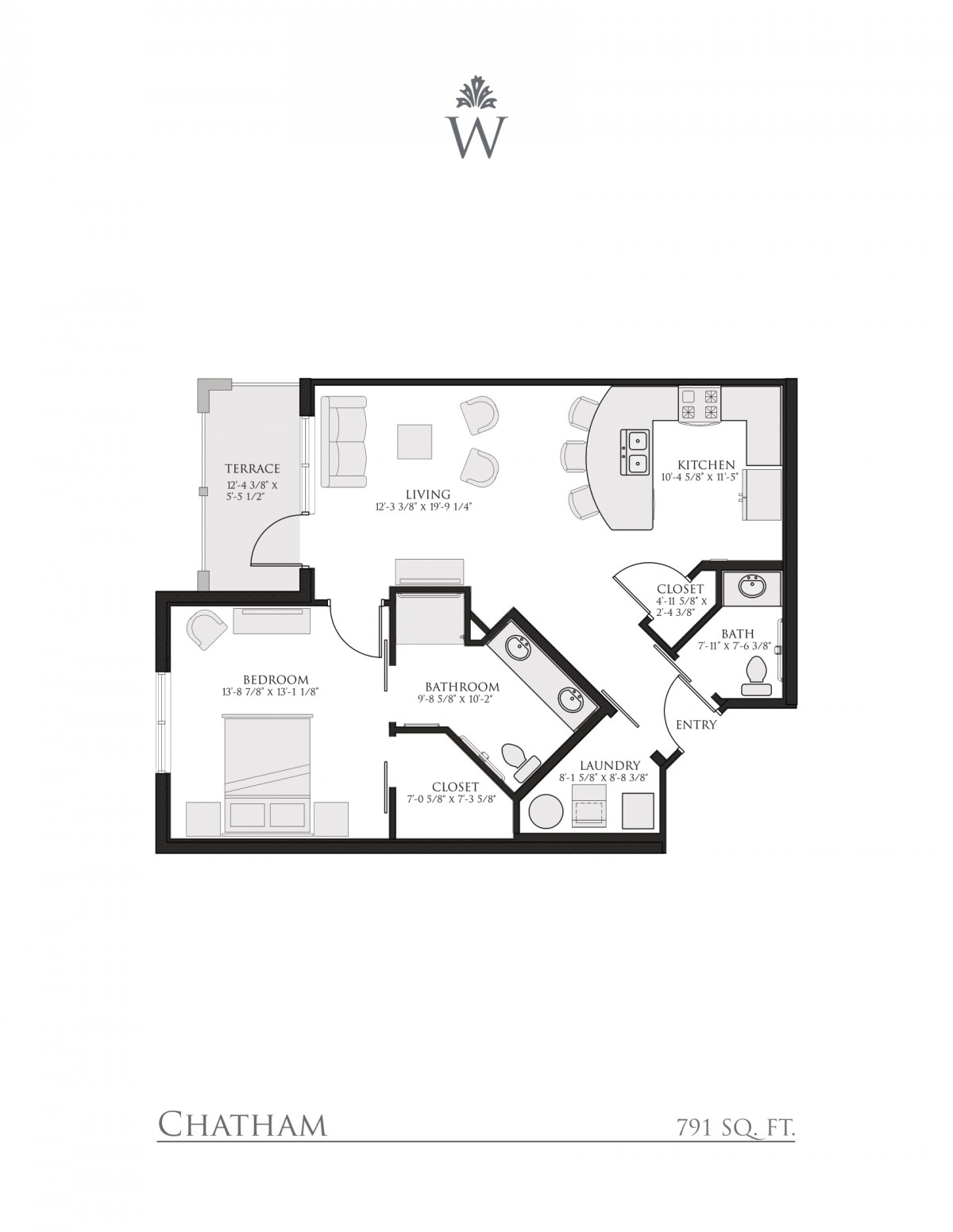 A floor plan of a one-bedroom apartment showcasing the layout of the living room, kitchen, and bathroom.