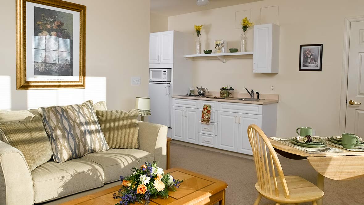 A cozy living area with a kitchenette, featuring a comfortable sofa and wooden table.