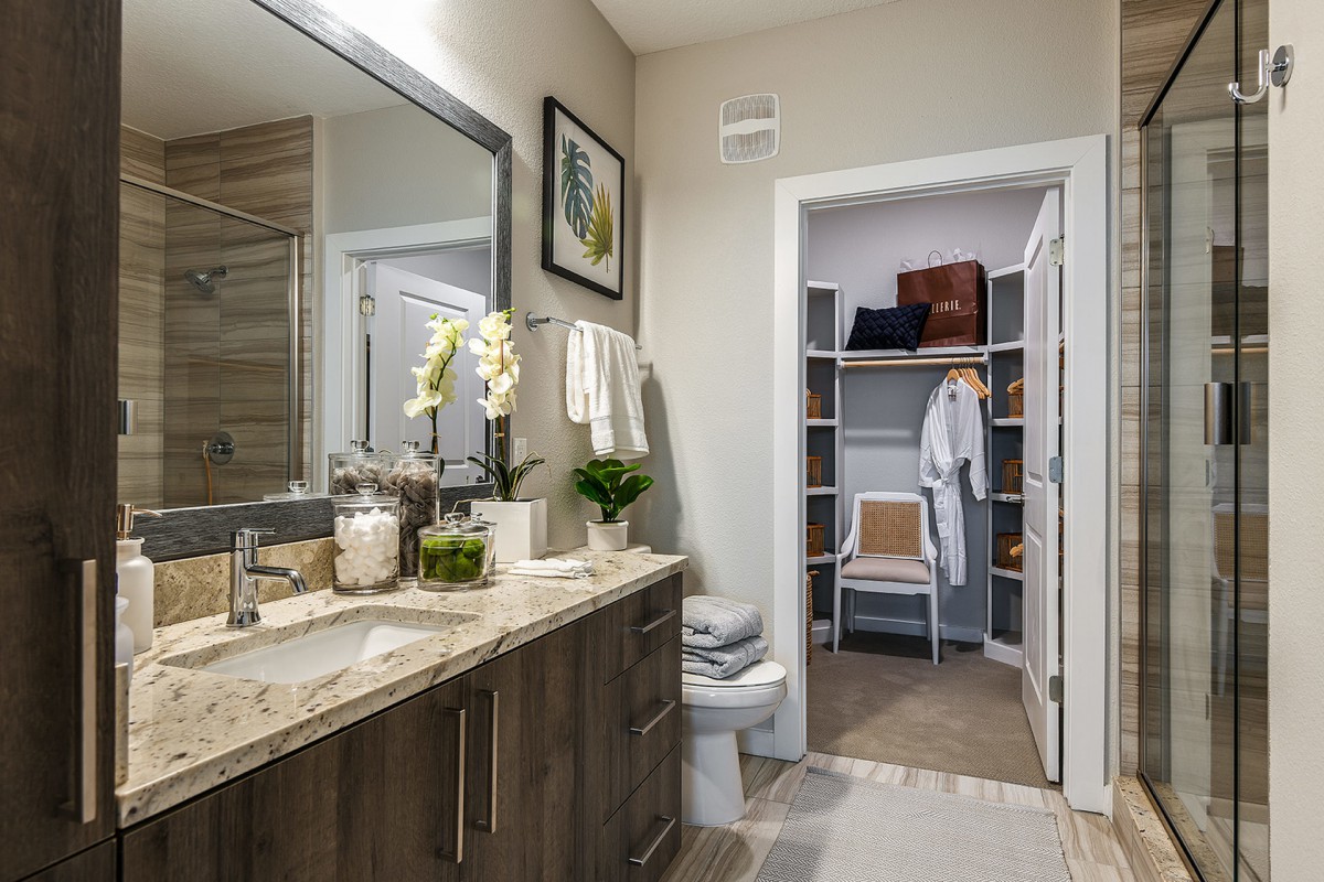 A modern bathroom with a connected walk-in closet, featuring a large mirror, sink, and stylish decor.