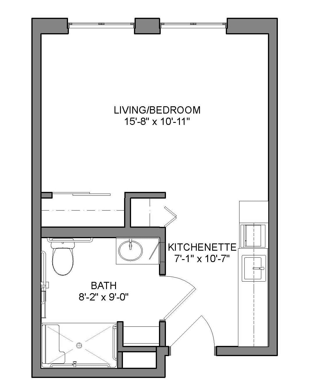 A studio apartment floor plan showing dimensions for the living/bedroom, kitchenette, and bathroom areas.