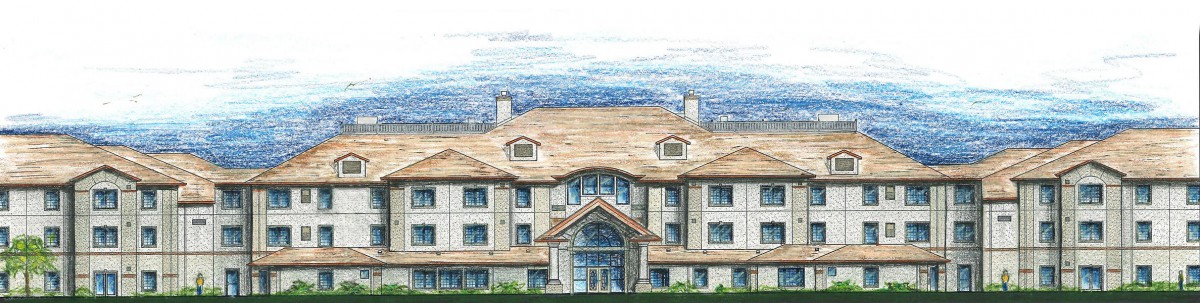 An architectural illustration of a multi-story building with a detailed facade.