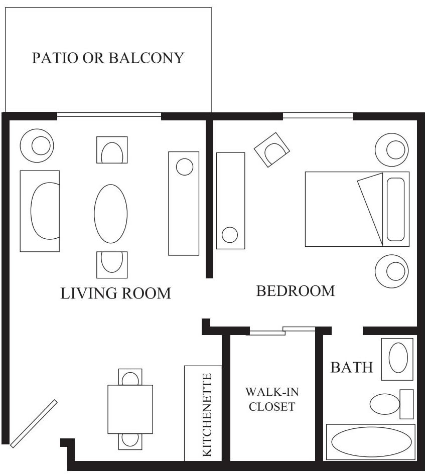 Floor plan of a one-bedroom apartment with a living room, kitchen, bathroom, walk-in closet, and patio or balcony.