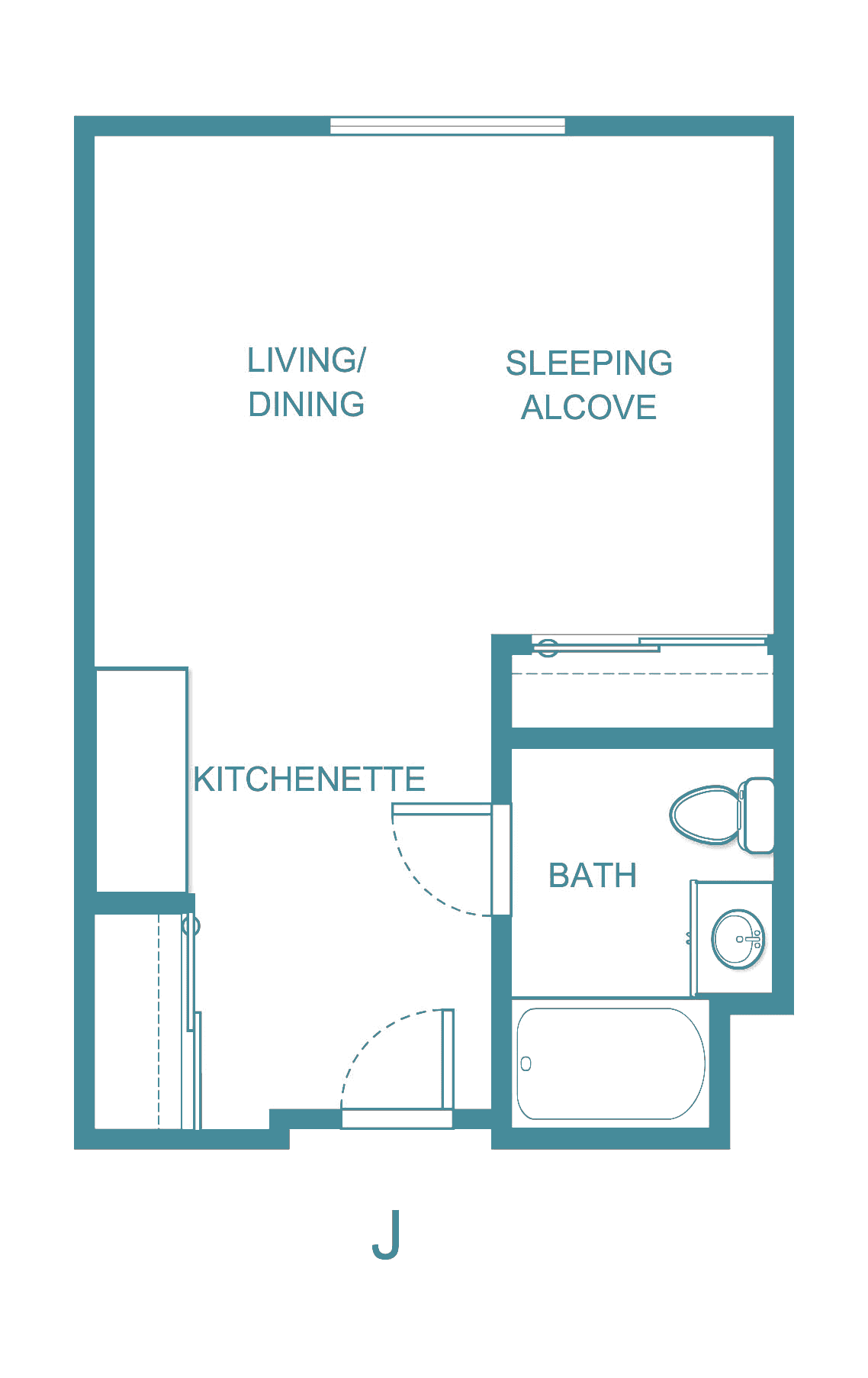 Studio apartment floor plan with living/dining area, sleeping alcove, kitchenette, and bathroom.