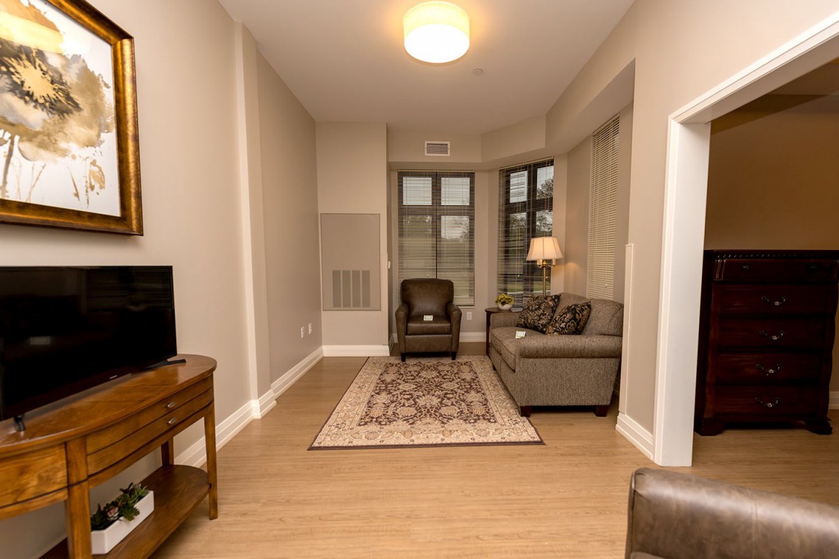 A cozy living room with modern furniture, featuring a sofa, armchair, television, and a lamp by the window.